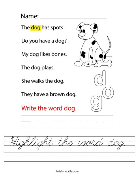 Highlight the word dog. Worksheet