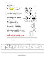 Highlight the word dog Handwriting Sheet
