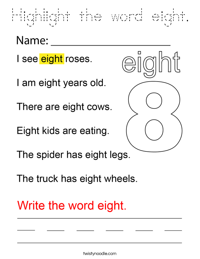 Highlight the word eight. Coloring Page