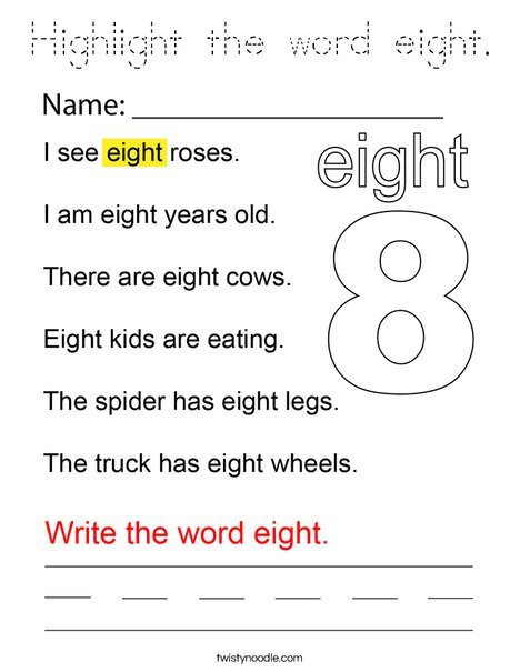 Highlight the word eight. Coloring Page