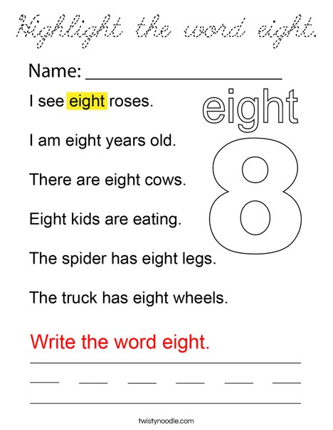 Highlight the word eight. Coloring Page