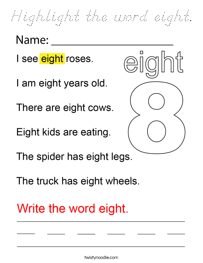 Highlight the word eight. Coloring Page