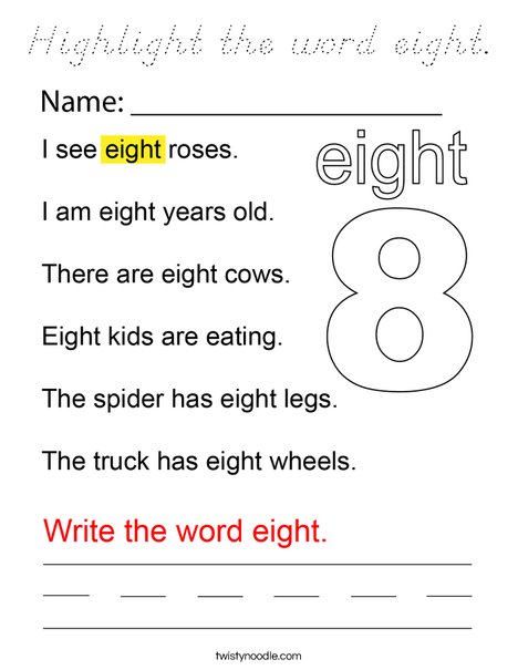 Highlight the word eight. Coloring Page