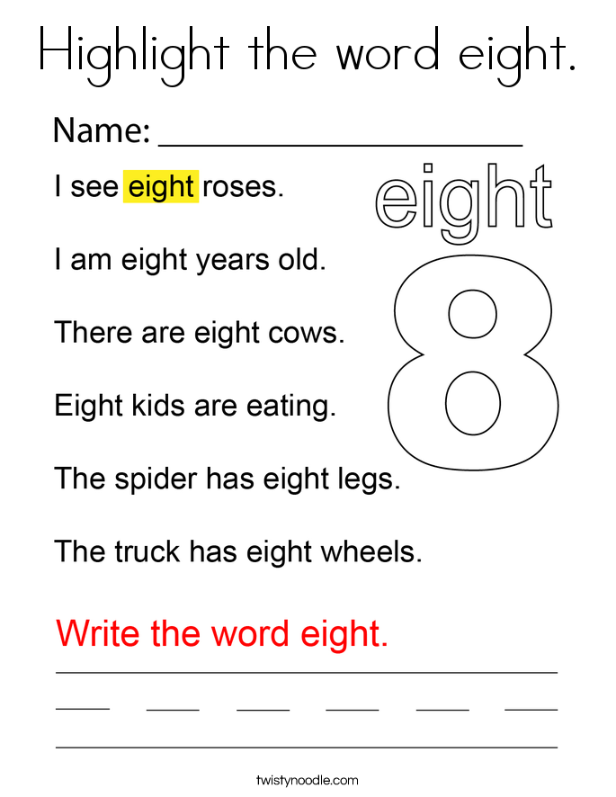 Highlight the word eight. Coloring Page
