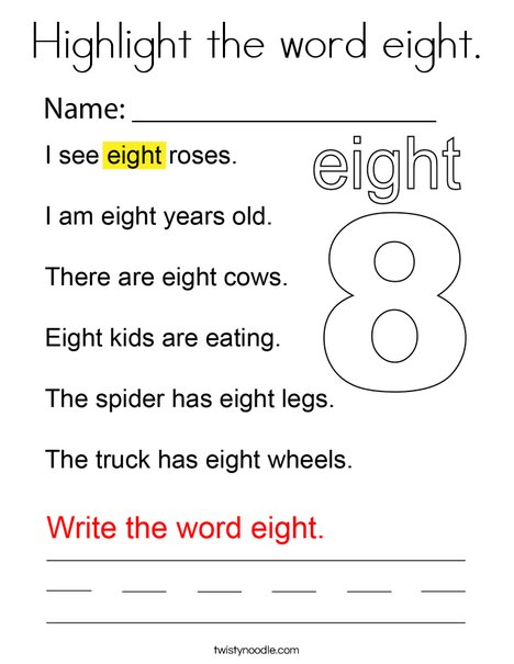 Highlight the word eight. Coloring Page