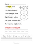 Highlight the word eight. Worksheet