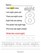 Highlight the word eight Handwriting Sheet