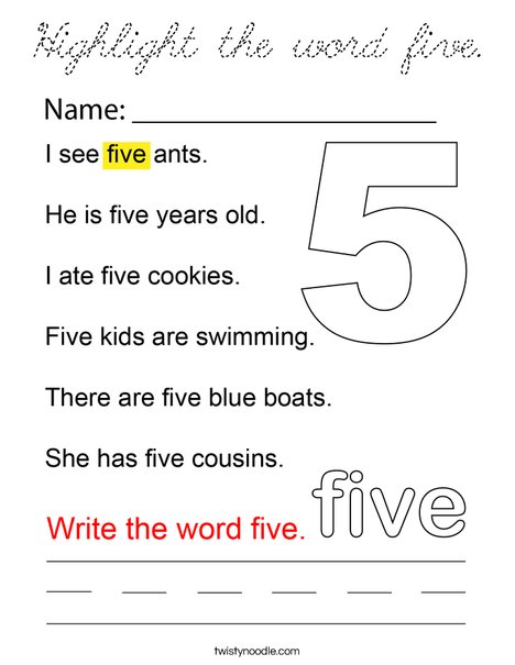 Highlight the word five. Coloring Page