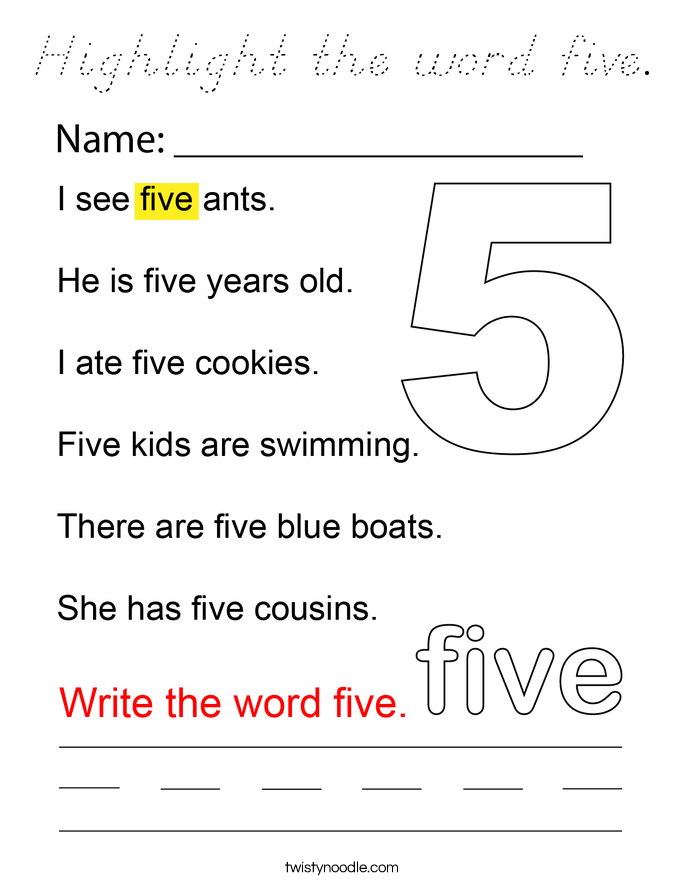 Highlight the word five. Coloring Page
