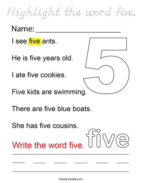 Highlight the word five. Coloring Page