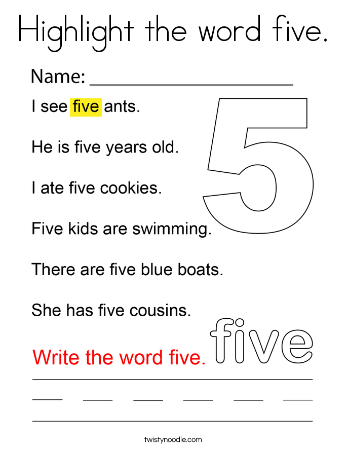 Highlight the word five. Coloring Page