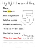 Highlight the word five. Coloring Page