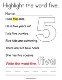 Highlight the word five Coloring Page