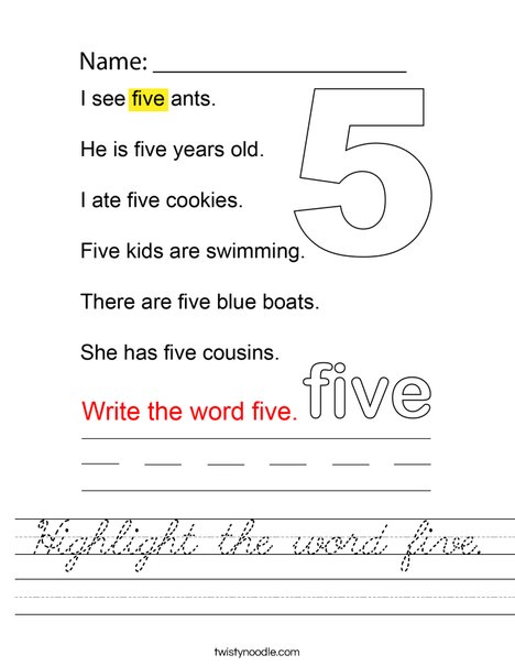 Highlight the word five. Worksheet