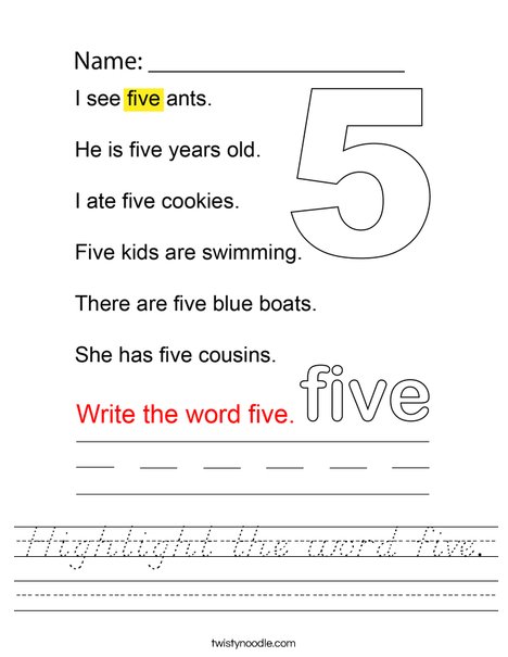 Highlight the word five. Worksheet