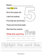 Highlight the word five Handwriting Sheet