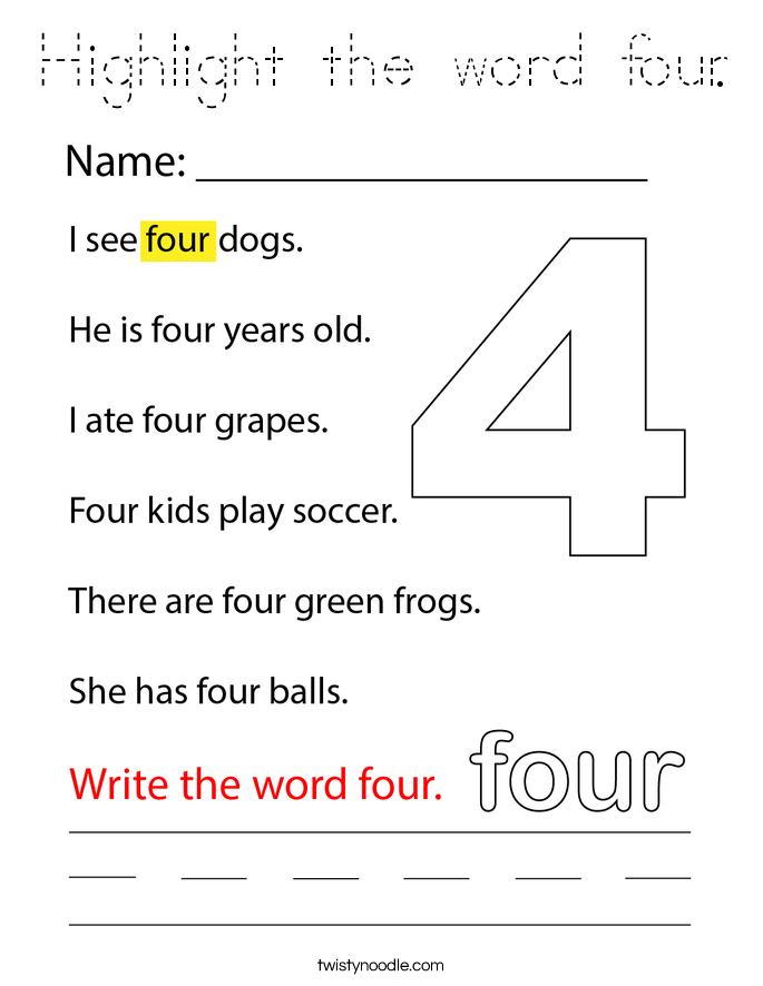 Highlight the word four. Coloring Page