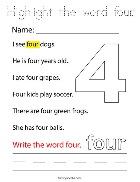 Highlight the word four. Coloring Page