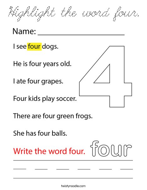 Highlight the word four. Coloring Page