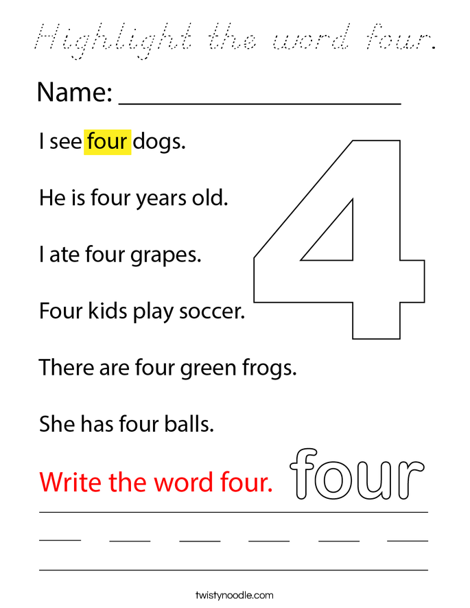 Highlight the word four. Coloring Page