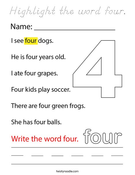 Highlight the word four. Coloring Page