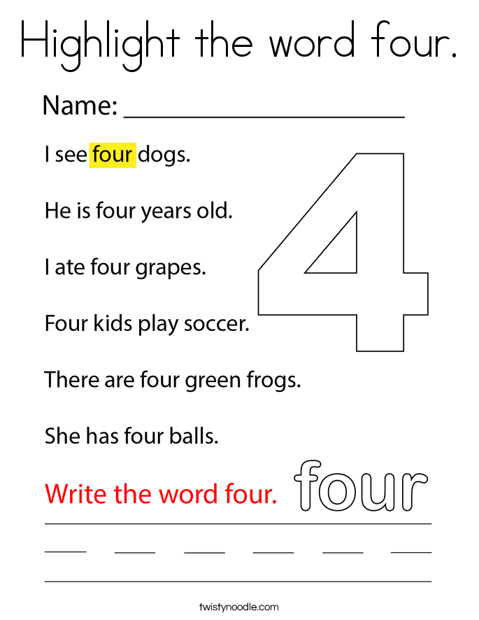 Highlight the word four. Coloring Page