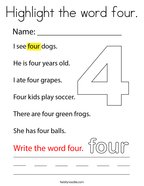 Highlight the word four Coloring Page