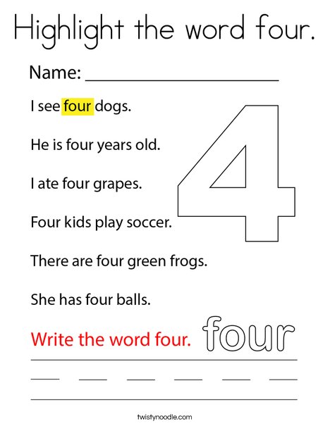Highlight the word four. Coloring Page