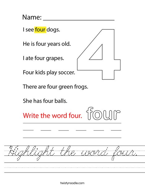 Highlight the word four. Worksheet