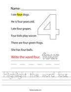 Highlight the word four Handwriting Sheet