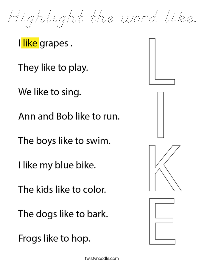Highlight the word like. Coloring Page