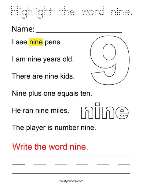 Highlight the word nine. Coloring Page
