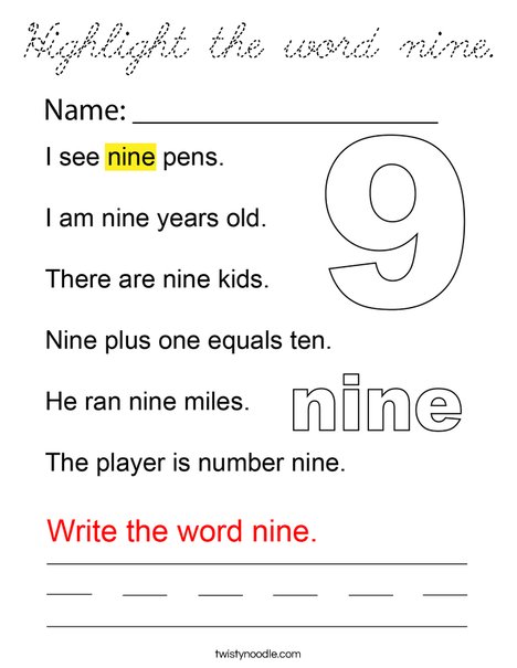 Highlight the word nine. Coloring Page