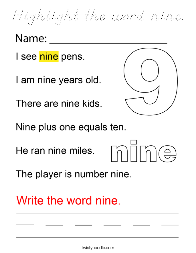 Highlight the word nine. Coloring Page