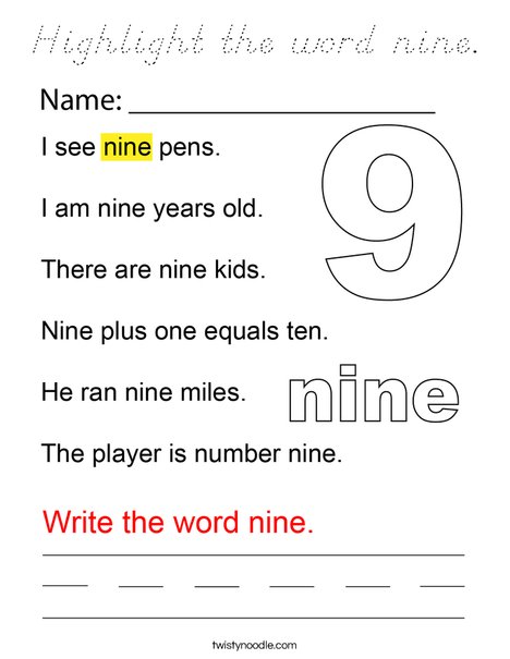Highlight the word nine. Coloring Page