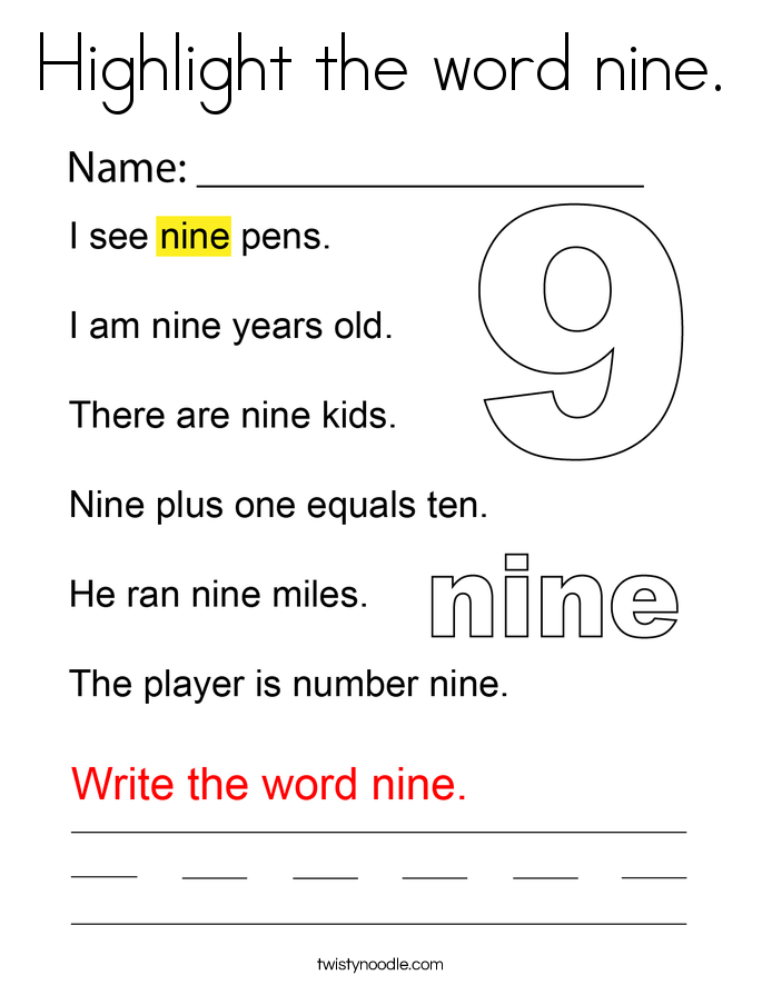 Highlight the word nine. Coloring Page