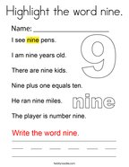 Highlight the word nine Coloring Page