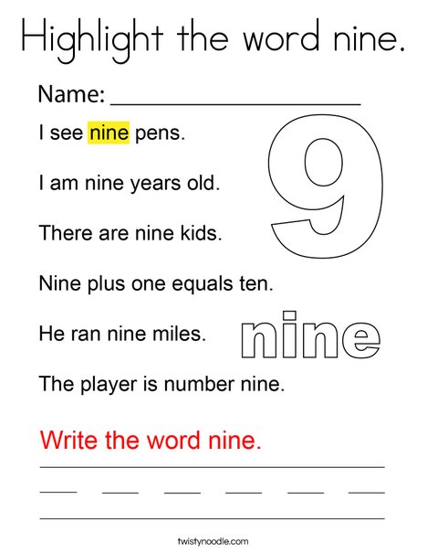 Highlight the word nine. Coloring Page