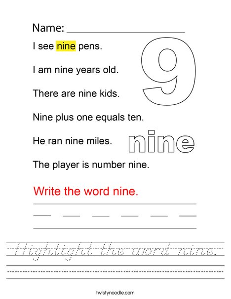 Highlight the word nine. Worksheet