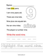 Highlight the word nine Handwriting Sheet