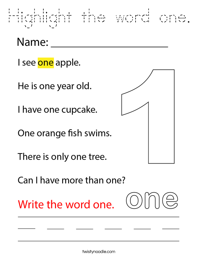 Highlight the word one. Coloring Page