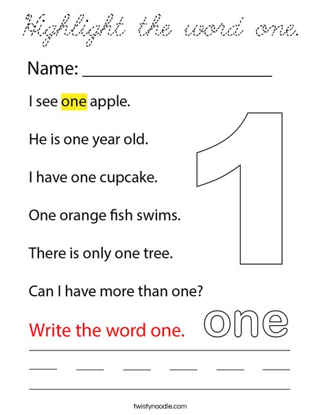 Highlight the word one. Coloring Page