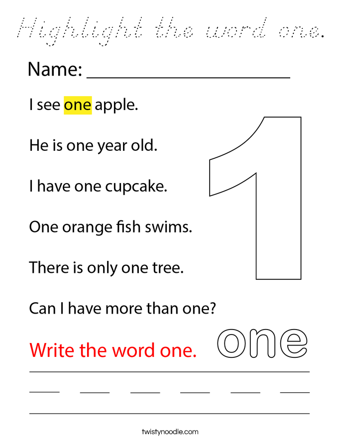 Highlight the word one. Coloring Page