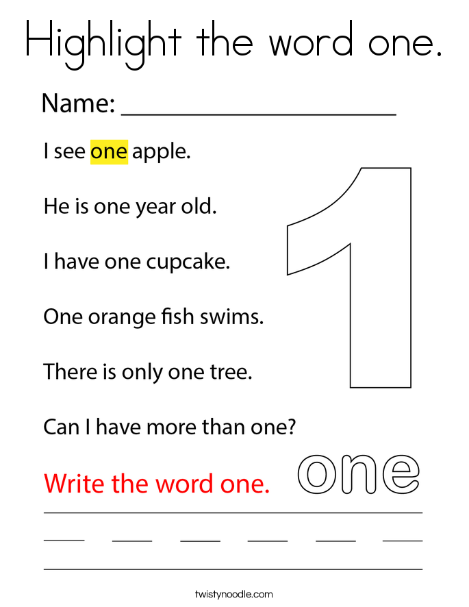 Highlight the word one. Coloring Page