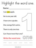 Highlight the word one. Coloring Page