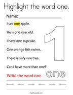Highlight the word one Coloring Page