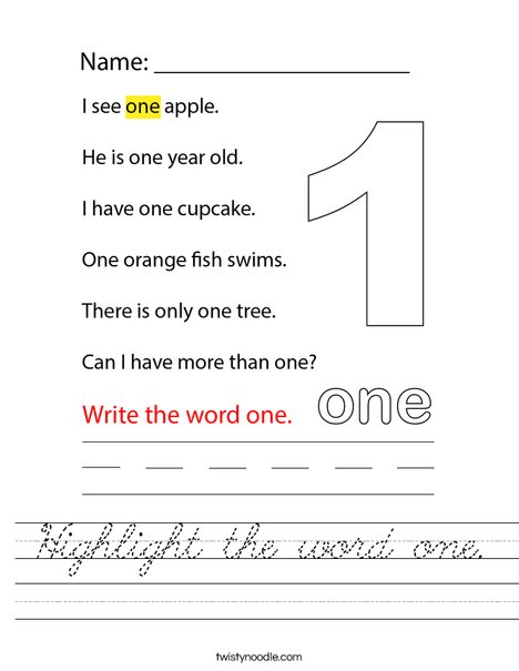Highlight the word one. Worksheet