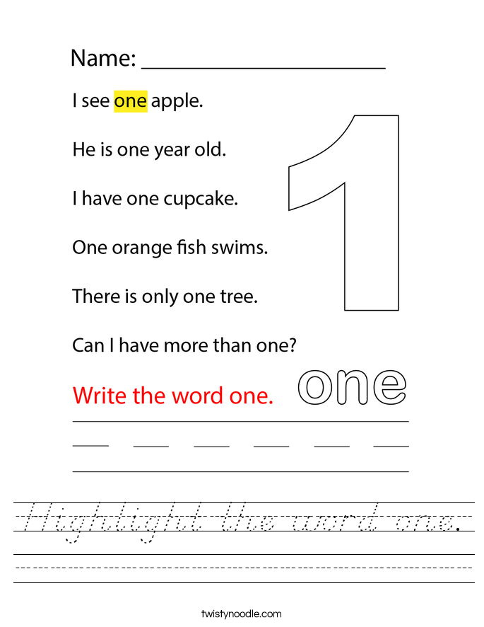 Highlight the word one. Worksheet