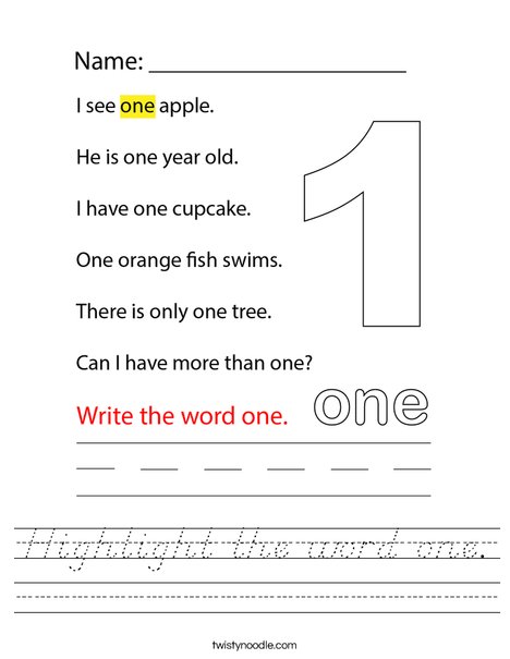 Highlight the word one. Worksheet