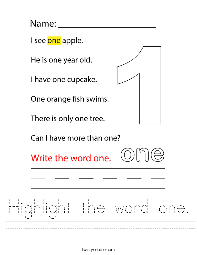 Highlight the word one. Worksheet